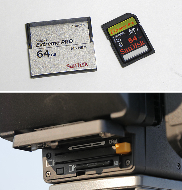 写真34、35　CFast2.0カードとSDメモリーカード。カメラ背面下部のふたを開けると、2種類のカードスロットが並ぶ